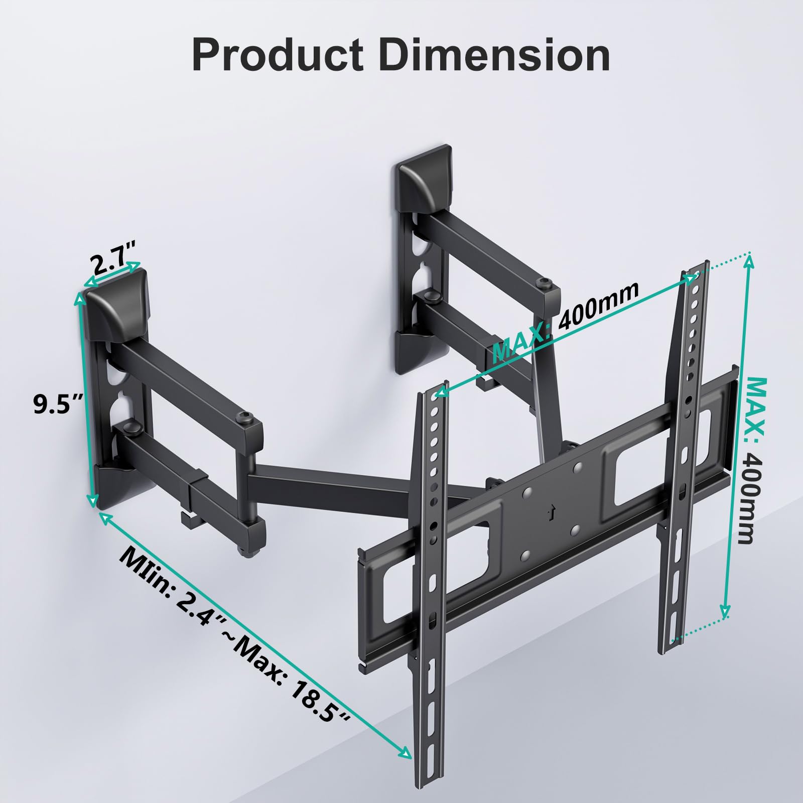 WALI Full Motion TV Wall Mount for 32–70 Inch TVs – Dual Articulating Mount with Swivel, Tilt & Extension | VESA up to 400x400mm | Fits 12/16" Wood Studs | Holds Up to 88 lbs