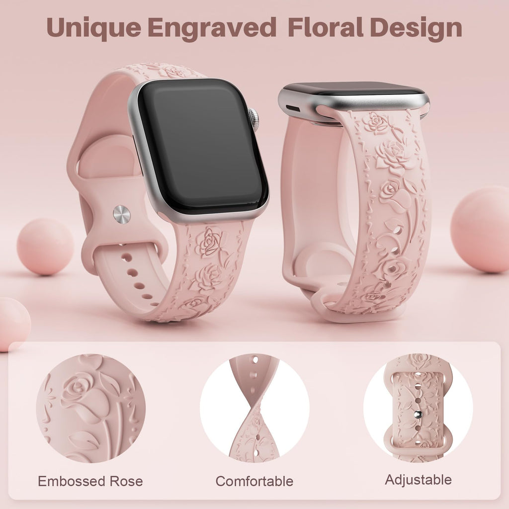 Floral Engraved Band Compatible with Apple Watch Band 40mm 41mm 38mm 42mm 44mm 45mm 46mm 49mm Women, Soft Silicone Cute Embossed Flower Strap for iWatch Band Series SE Ultra 11 10 9 8 7 6 5 4 3 2 1