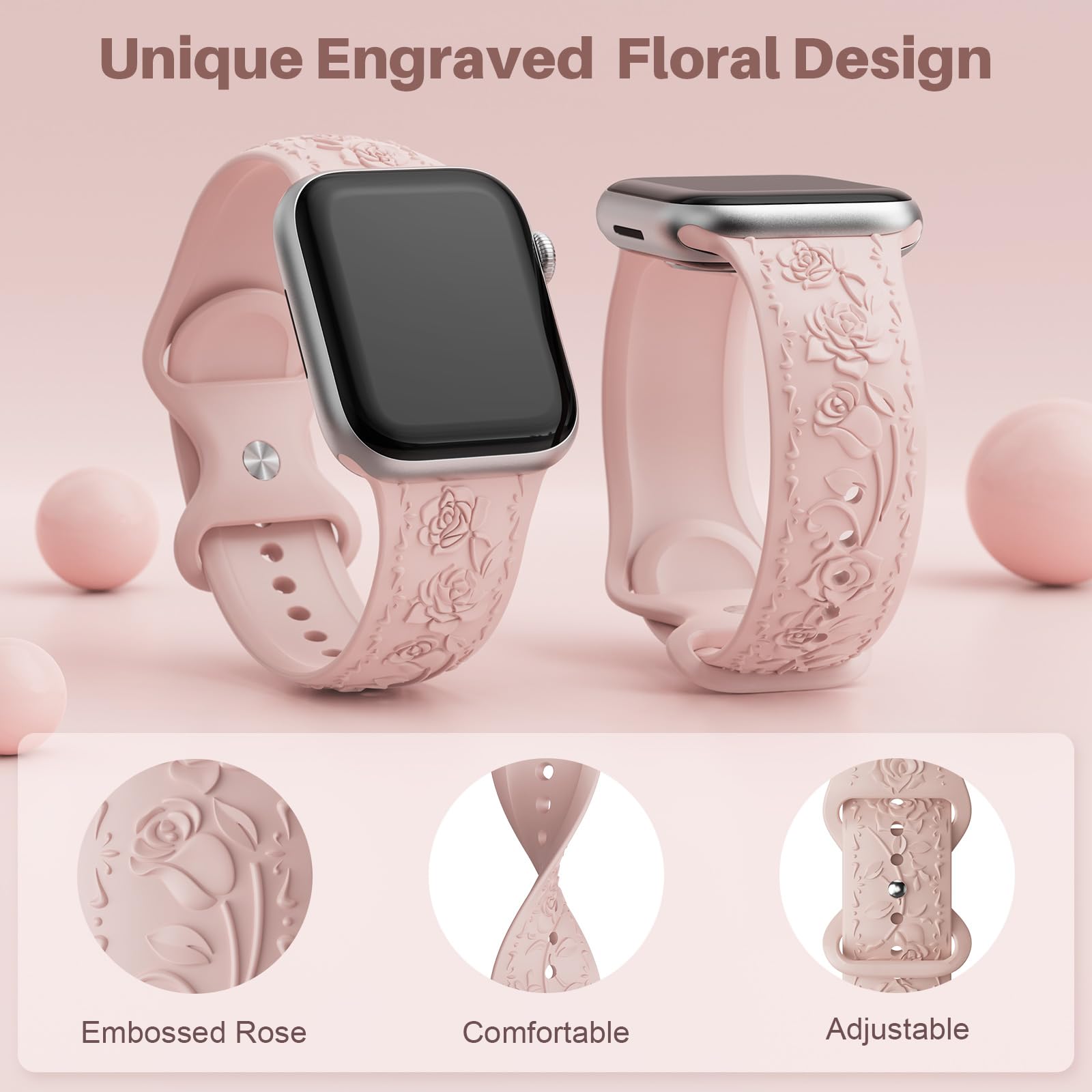 Floral Engraved Band Compatible with Apple Watch Band 40mm 41mm 38mm 42mm 44mm 45mm 46mm 49mm Women, Soft Silicone Cute Embossed Flower Strap for iWatch Band Series SE Ultra 11 10 9 8 7 6 5 4 3 2 1