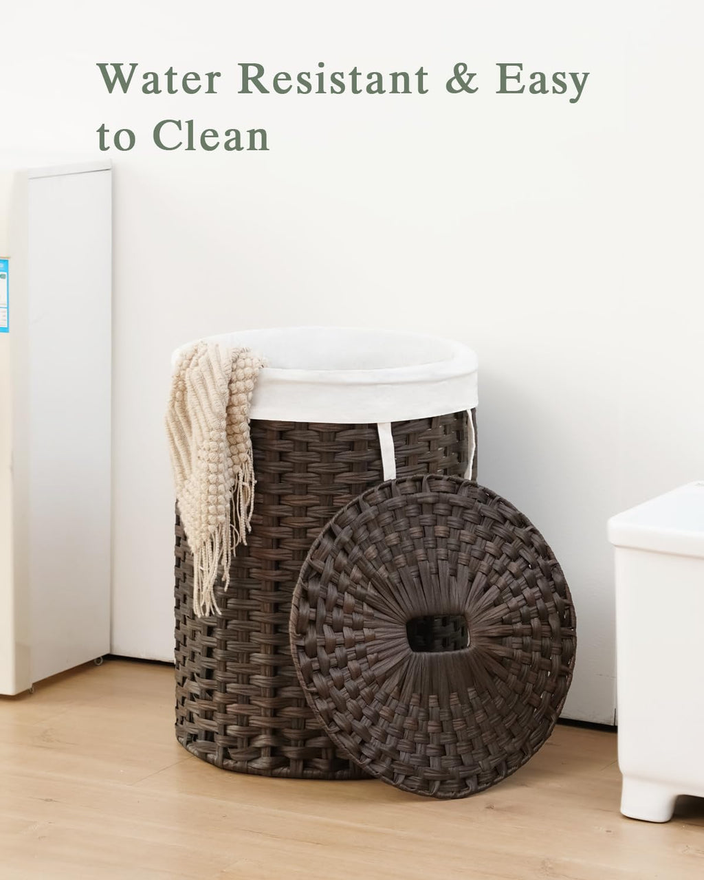 SETVSON Laundry Hamper with Lid Laundry Basket with Lid 19.0 Gal (72 L) Round Wicker Laundry Basket Handwoven Rattan Basket with Lid Removable Bag 2 Mesh Bags Handles for Living Room Bathroom Black