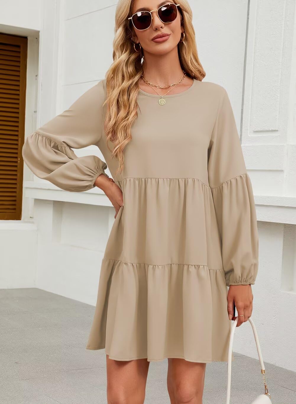 QACOHU Falll Dresses for Women 2026 Crew Neck Long Lantern Sleeve Casual Loose Flowy Swing Shift Dress