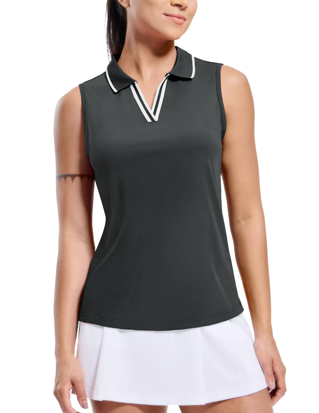MIER Women's Sleeveless Golf Polo Shirts Dry Fit Collared Tank Tops V Neck Ribbed Athletic Tennis Shirt, Moisture Wicking