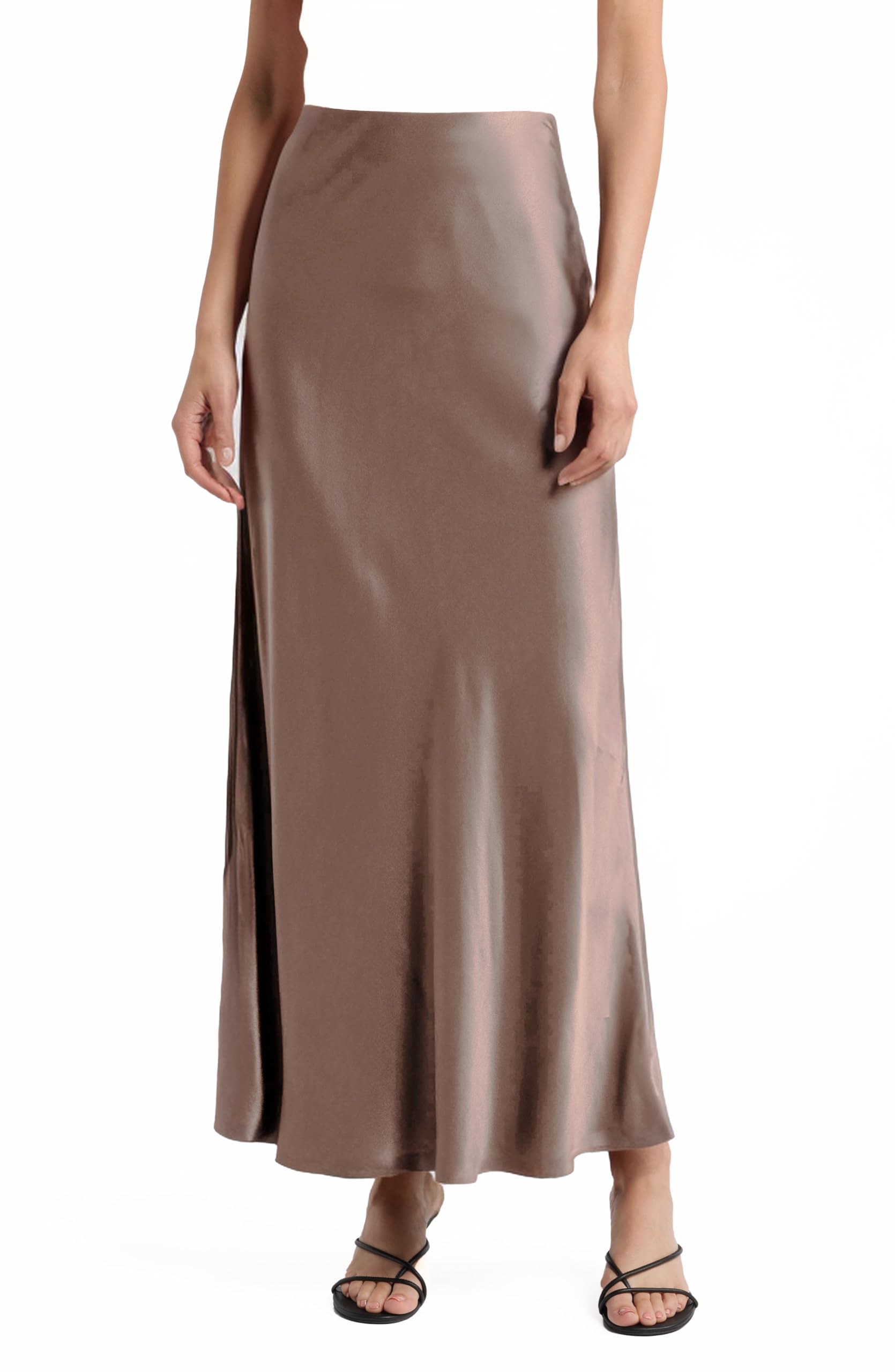 Women's Solid Satin High Waist Midi Long Skirt Hidden Elastic Waistband Skirt for Women-Made in USA