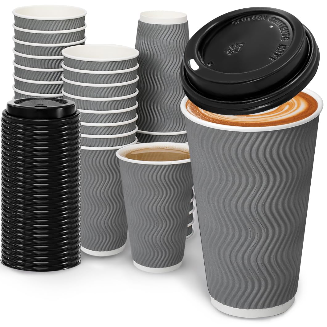 BYSNOW 100 Pack 10 oz Coffee Cups with Lids, Disposable Insulated Hot Cups To Go Paper Coffee Cups, Corrugated Ripple Wall Cup for Hot Drink, Office, Coffee Bar (Grey 10 oz)