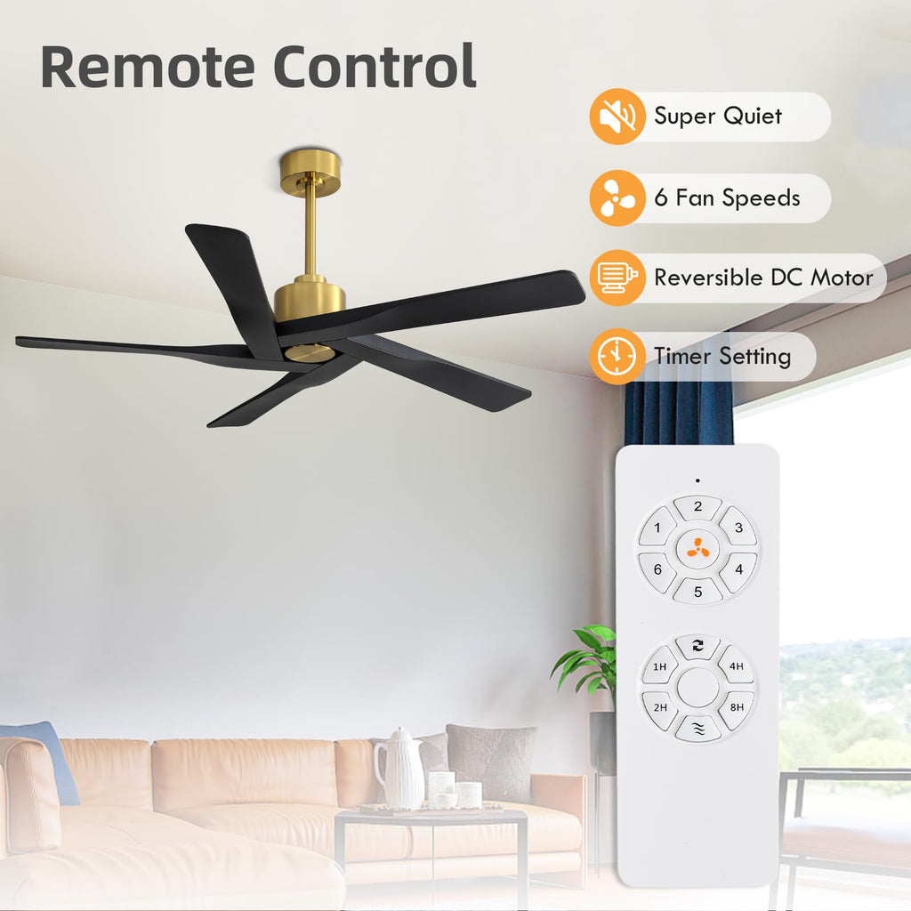 WINGBO 54" ABS DC Ceiling Fan No Light, 5 Blade Wood Grain ABS Ceiling Fan with Remote, 6-Speed Reversible DC Motor, Ceiling Fans without Light for Kitchen Bedroom Living Room, Antique Nickel and Grey