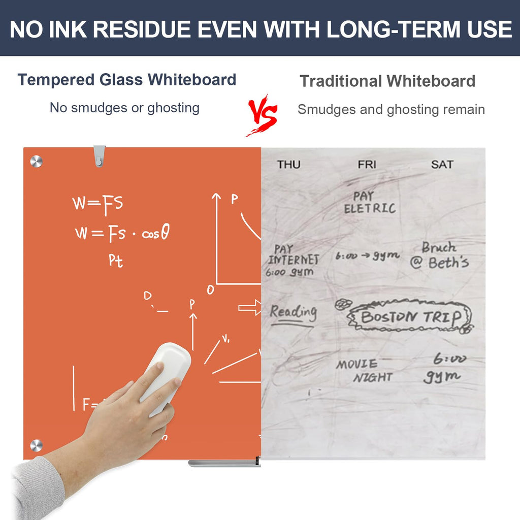 Dry Erase Board Black Magnetic Glass Whiteboard, TANKEE Modern Large Frameless Tempered Glass White Board for Wall, Office, School, Home, 36” x 24”, 3' x 2' White Board