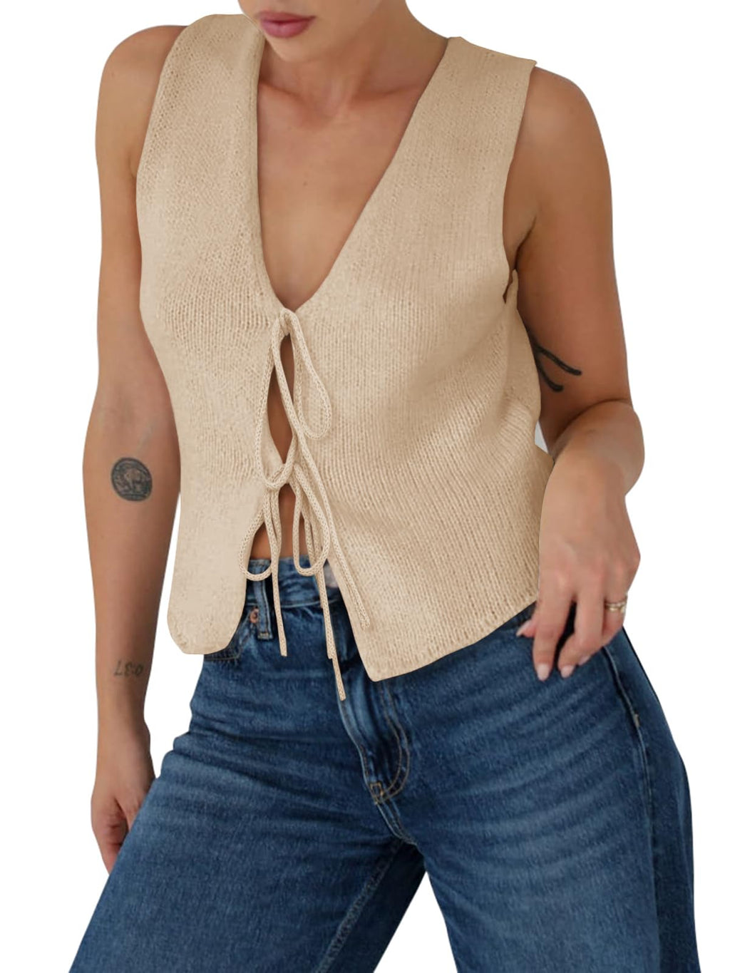 Yousify Womens Sweater Vests Tie Front Knit Vest Summer Ribbed Tank Tops Y2k Cute Vests Fashion Casual Sleeveless Tops