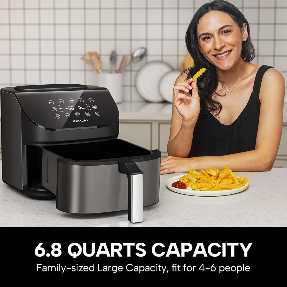 RAMJOY Air Fryer 6.8 Quarts, 10-in-1 Functions, Air Fry, Roast, Bake, Broil, Dehydrate, Large & Compact Air Fryers, Nonstick & Dishwasher-Safe Airfryer Basket, Stainless Steel Air Fryer, Metal Grey