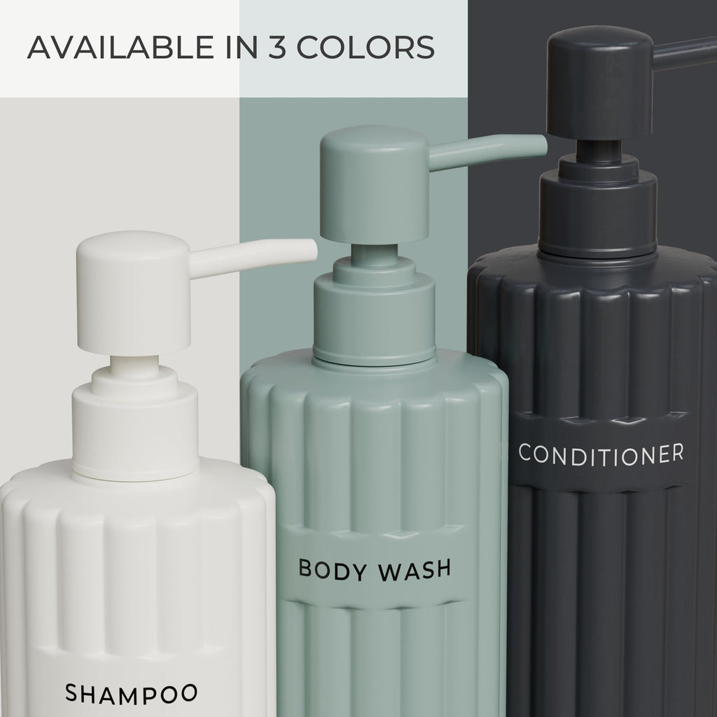 Stylish Shampoo and Conditioner Dispenser Set of 3 - Modern 19oz Shower Soap Bottles with Pump and Labels - Easy to Refill Body Wash Dispensers for an Instant Bathroom Decor Upgrade