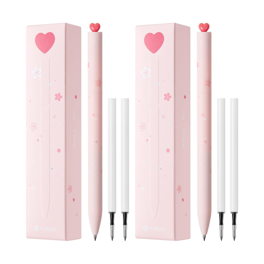 Kaco FIRST Gel Pens, Pack of 2 Pieces Cute Stationery Heart Pen Set with Extra 4 Black Refills Quick Drying Holiday Office Supplies (2 Colors)