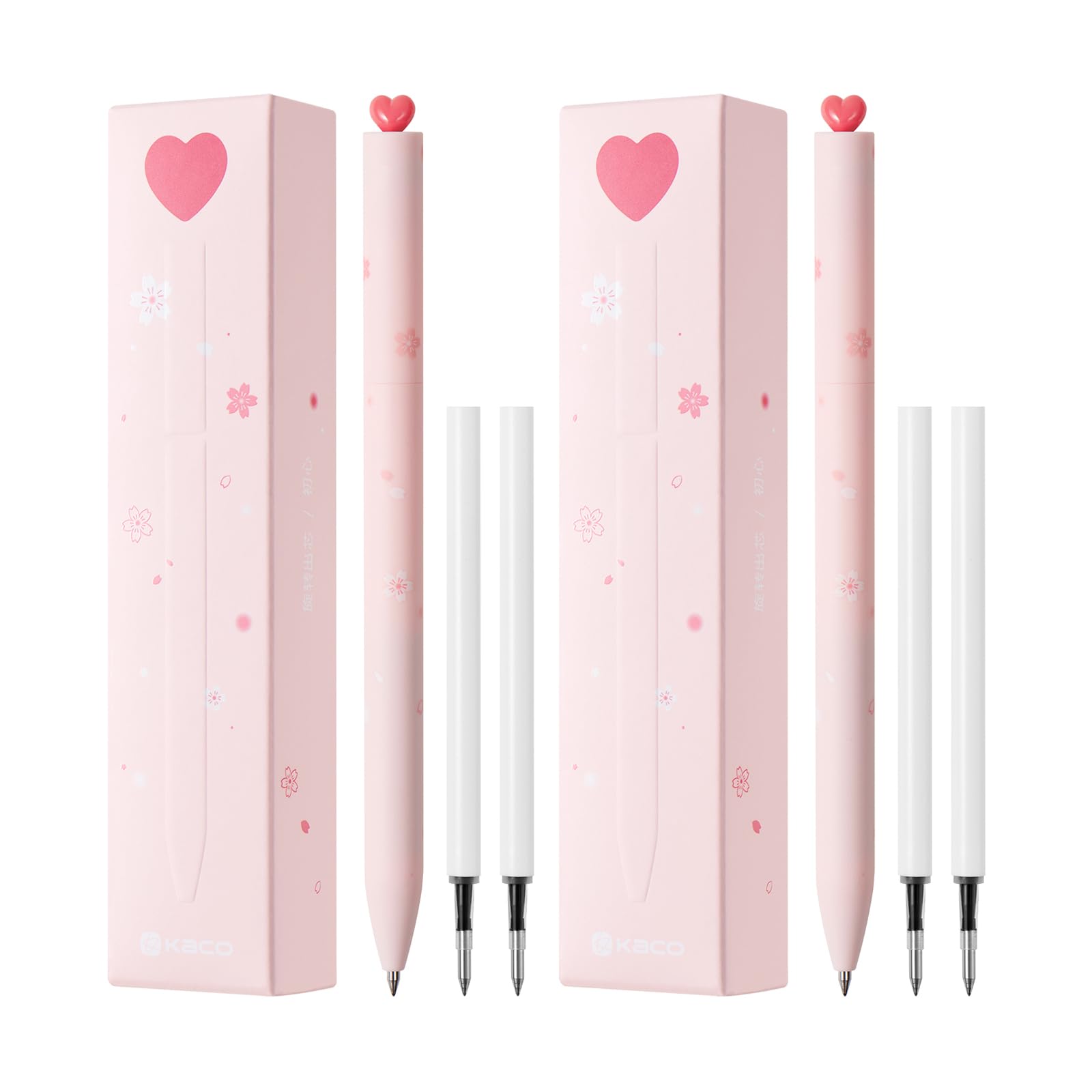 Kaco FIRST Gel Pens, Pack of 2 Pieces Cute Stationery Heart Pen Set with Extra 4 Black Refills Quick Drying Holiday Office Supplies (2 Colors)