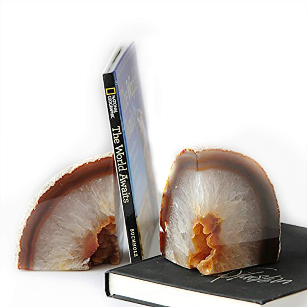 JIC Gem Black Agate Geode Bookends 2-3 Lbs Anti-Slip Rubber Pads Heavy Duty | 1Pair Natural Black Agate Crystal Decor for Shelves & Desk, Unique Small Stone Book Holder Gift for Office & Home Decoration