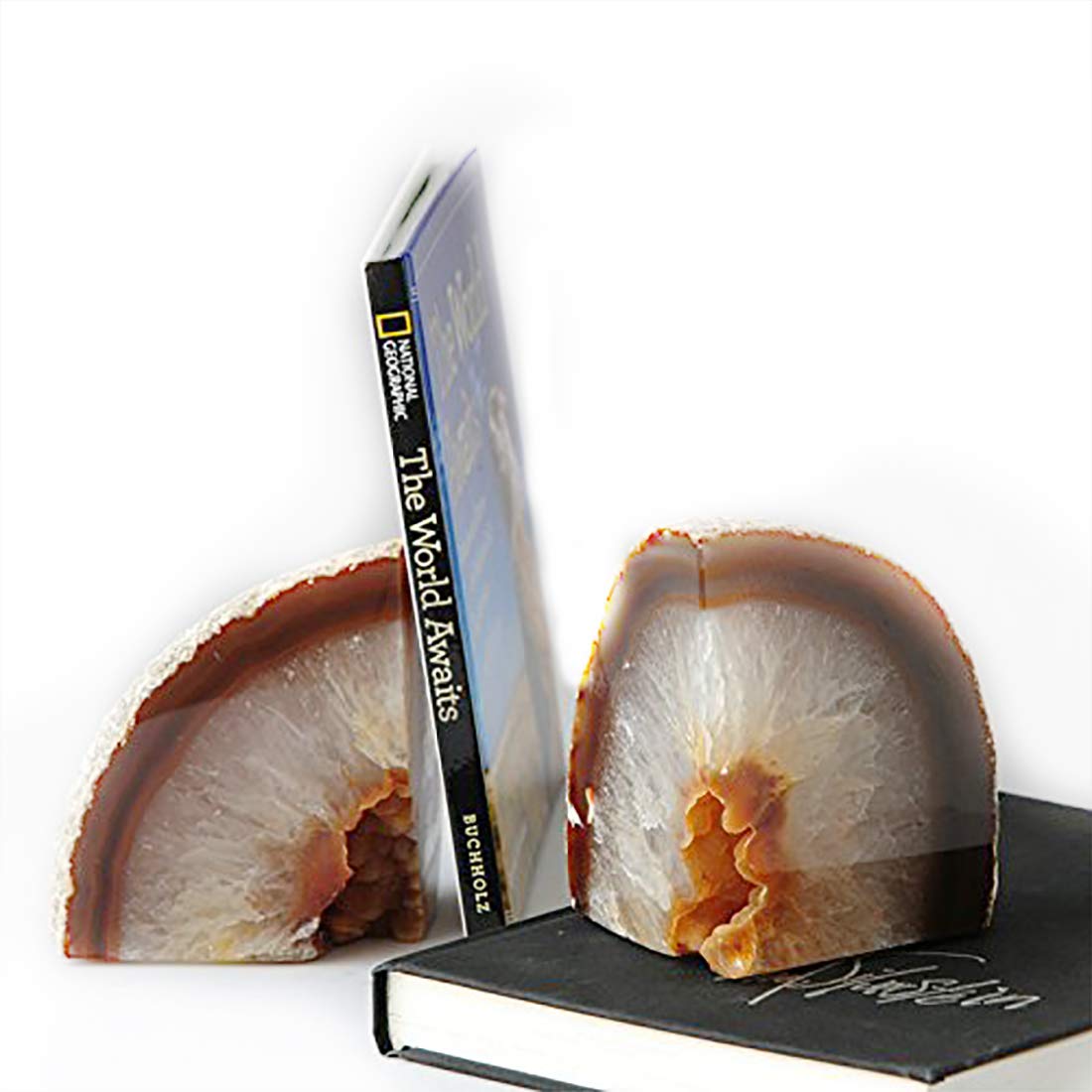 JIC Gem Black Agate Geode Bookends 2-3 Lbs Anti-Slip Rubber Pads Heavy Duty | 1Pair Natural Black Agate Crystal Decor for Shelves & Desk, Unique Small Stone Book Holder Gift for Office & Home Decoration