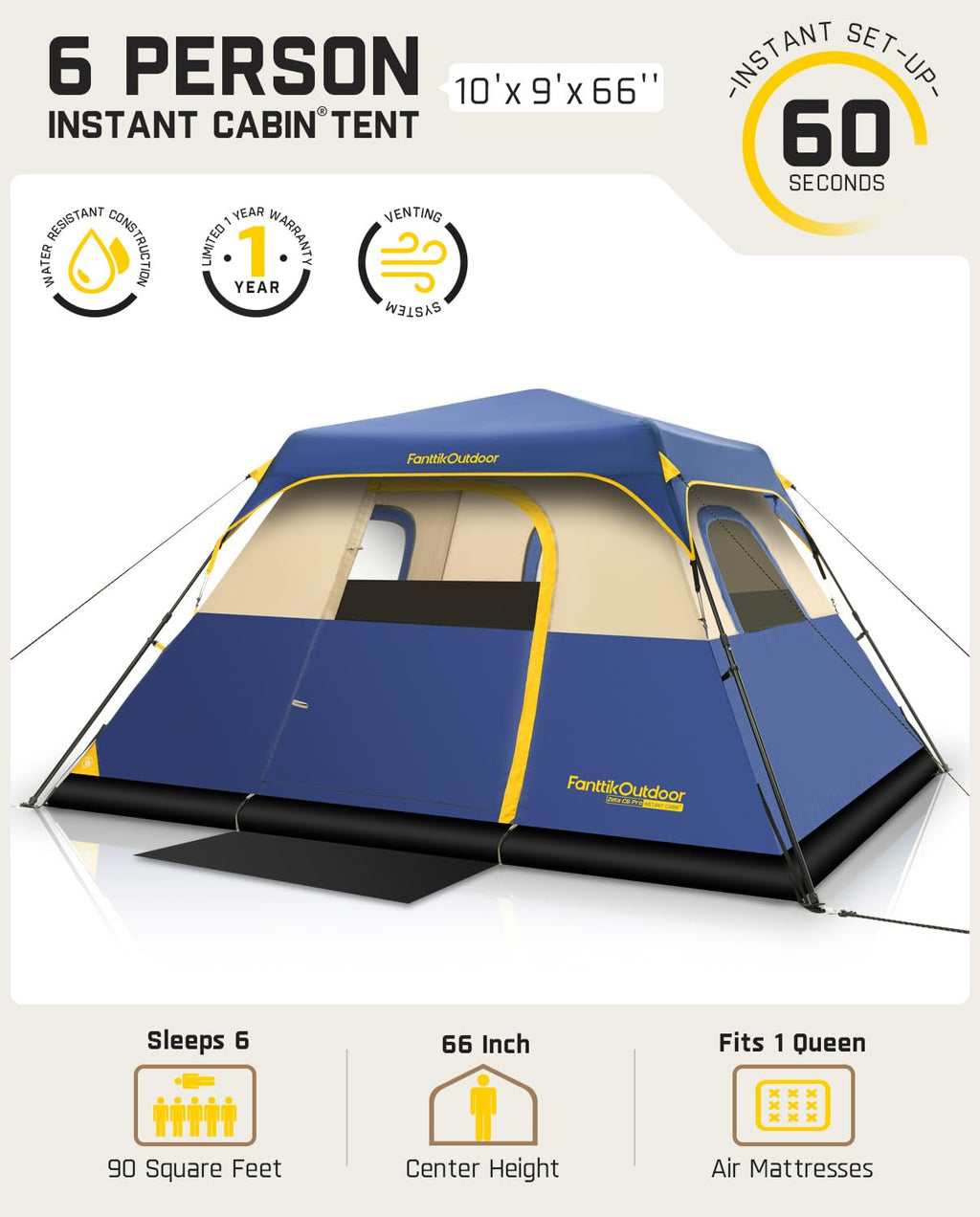 FanttikOutdoor Camping Tent 4/6/8/10 Person Instant Cabin Tent Setup in 60 Seconds with Rainfly & Windproof Portable with Carry Bag for Family Camping & Hiking, Upgraded Ventilation, Navy Blue