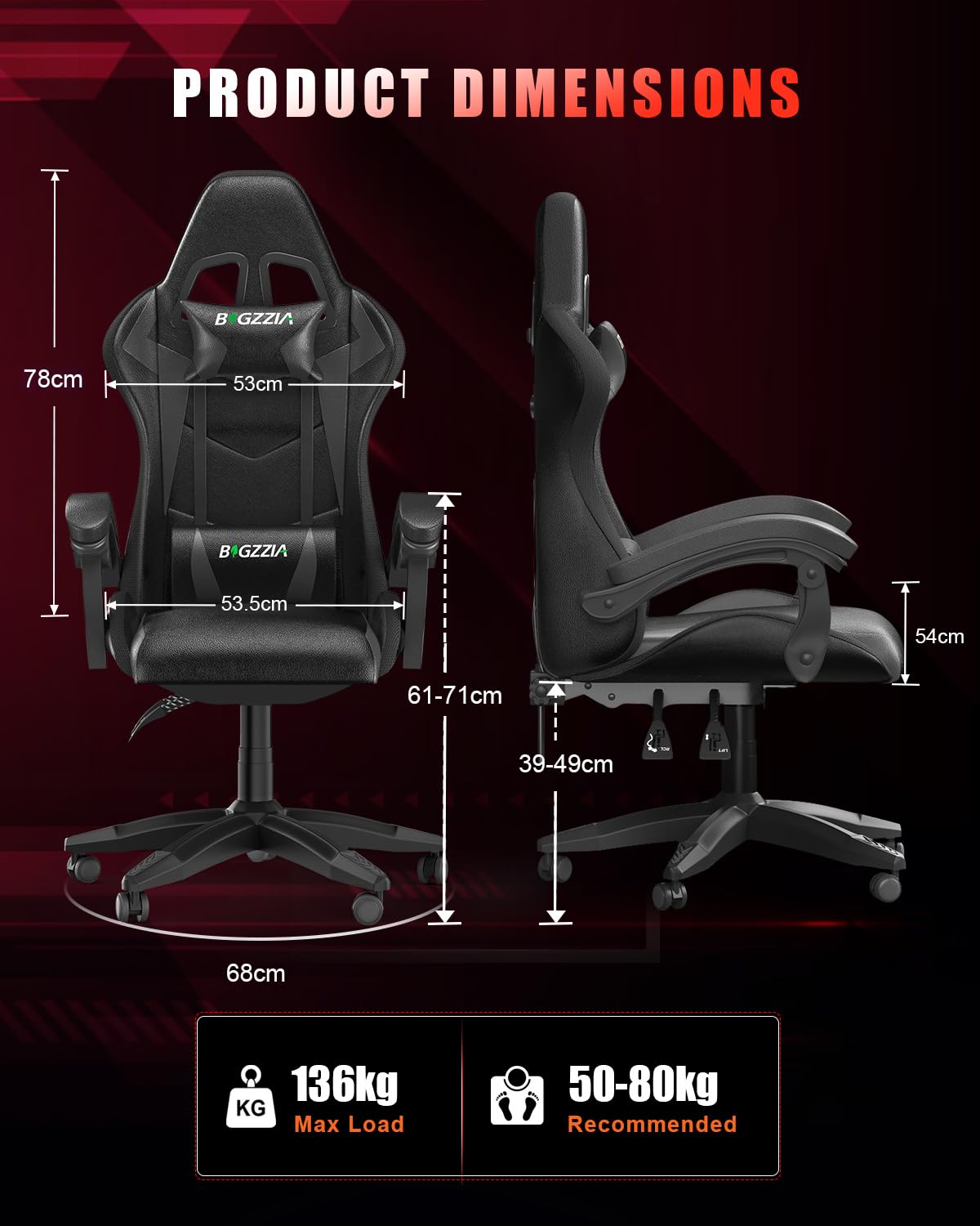 Bigzzia Gaming Chair with RGB LED Lights for Kids & Adults, High Back Ergonomic Computer Gamer Chair with Headrest and Lumbar Support, Racing Style Reclining Game Chair(Black)