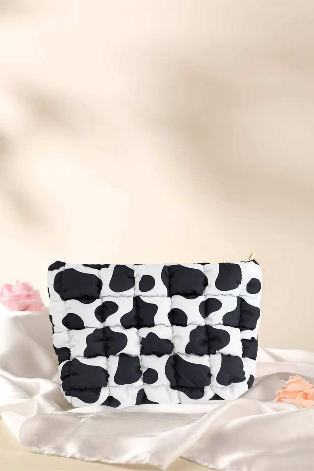 Puffy Quilted Makeup Bag for Women, Cosmetic Bag, Travel Toiletry Organizer Pouch Clutch (Black Flowers)