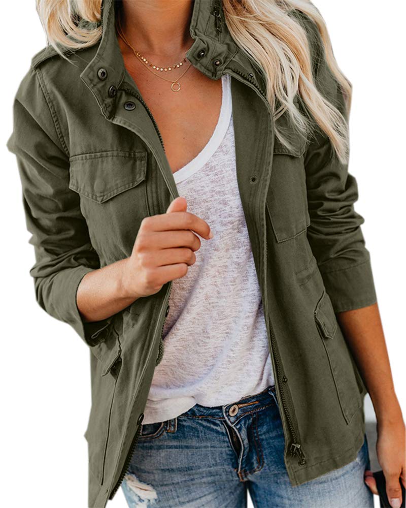 Soulomelody Women Military Anorak Jackets Zip Up Snap Buttons Parka Safari Utility Coats Outwear with Pocket