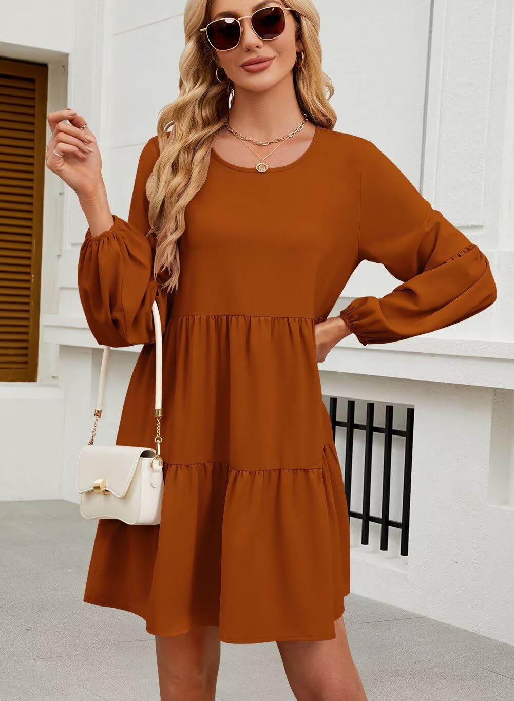 QACOHU Falll Dresses for Women 2026 Crew Neck Long Lantern Sleeve Casual Loose Flowy Swing Shift Dress