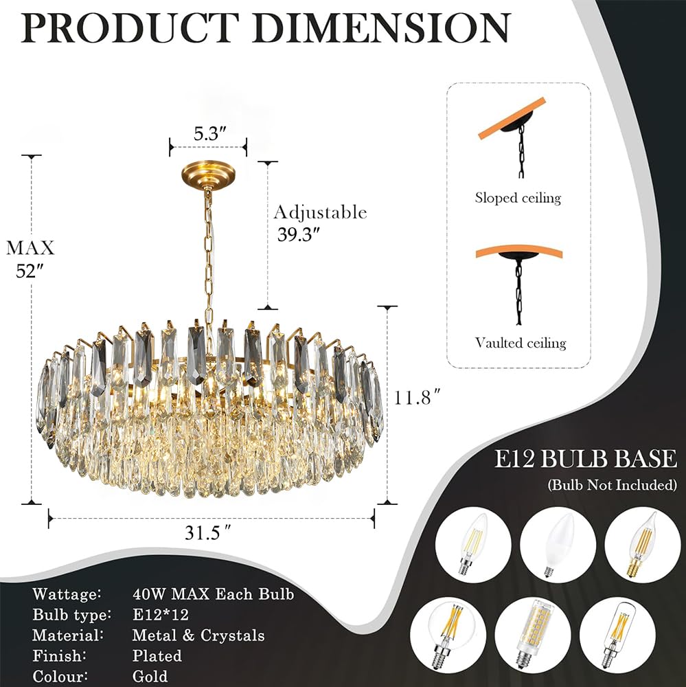 23.6" Modern Crystal Chandelier with Grey Crystal Gold 3-Tier Luxury Pendant Light 12-Light Ceiling Pendant Lighting for Dinning Room Living Room Foyer