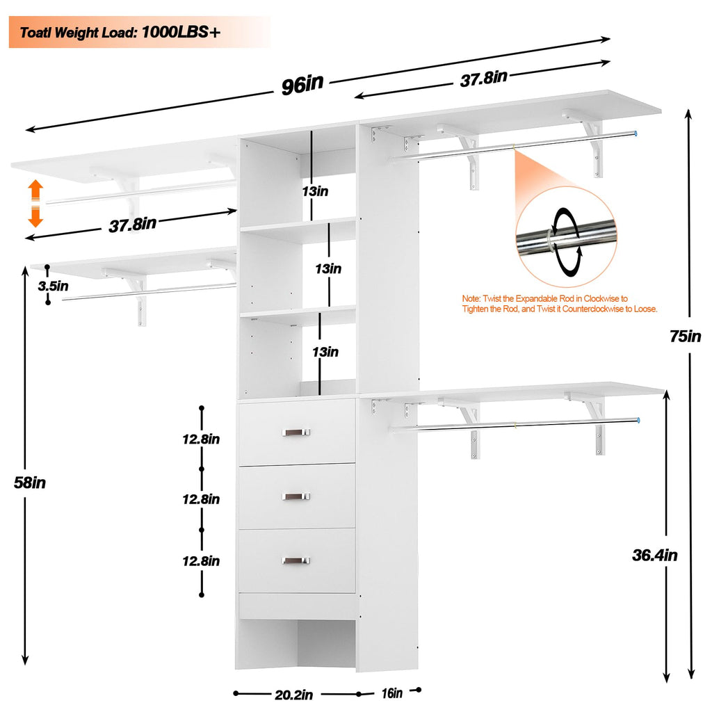 iSunirm 8FT Closet System, 96'' Closet Organizer System with 3 Hanging Rods, Wall Mount Bedroom Wardrobe with 3 Drawers Walk-in Closet, Adjustable Cloth Garment Rack from 5 to 8FT (Cut to Fit), Black