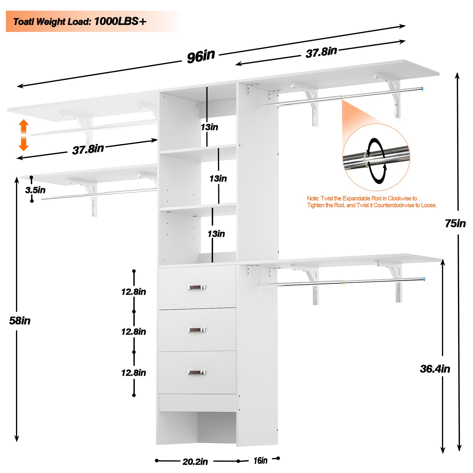 iSunirm 8FT Closet System, 96'' Closet Organizer System with 3 Hanging Rods, Wall Mount Bedroom Wardrobe with 3 Drawers Walk-in Closet, Adjustable Cloth Garment Rack from 5 to 8FT (Cut to Fit), Black