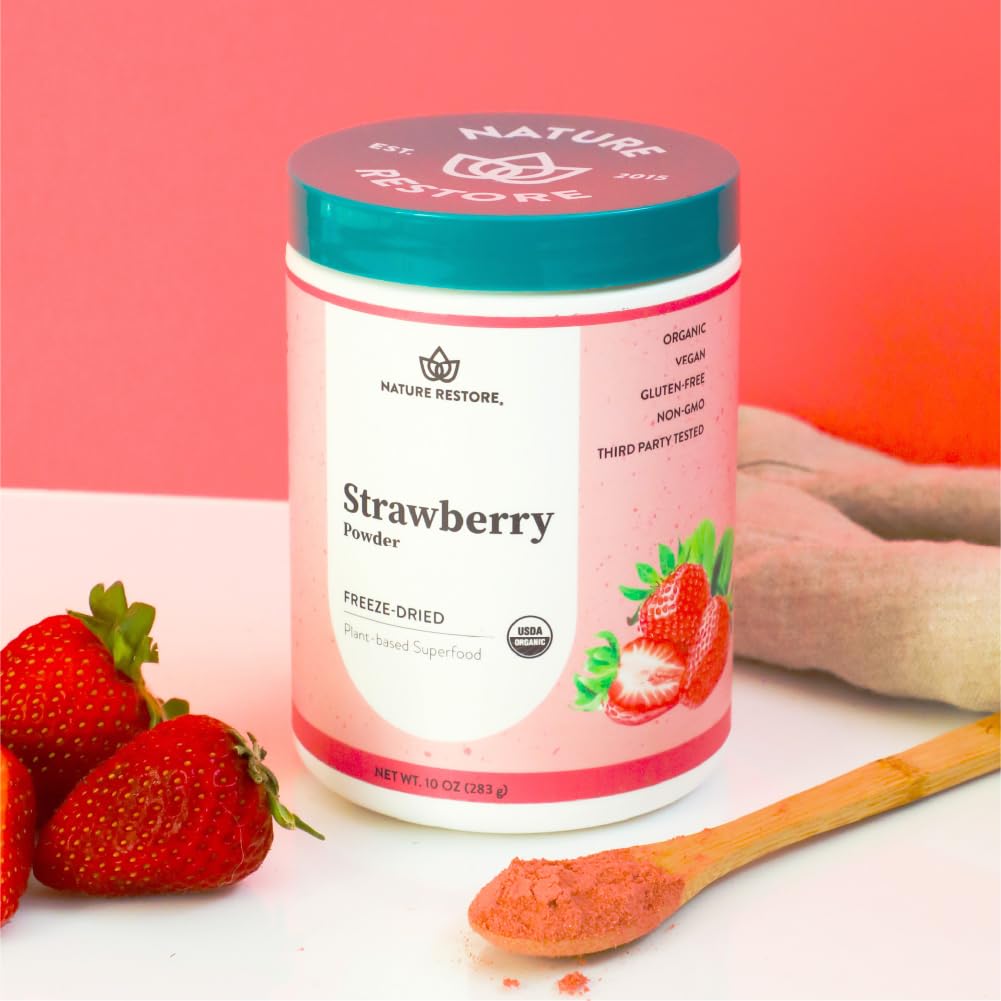 Nature Restore USDA Certified Organic Freeze Dried Strawberry Powder, 8 Ounces, Non GMO, Gluten Free, Vegan