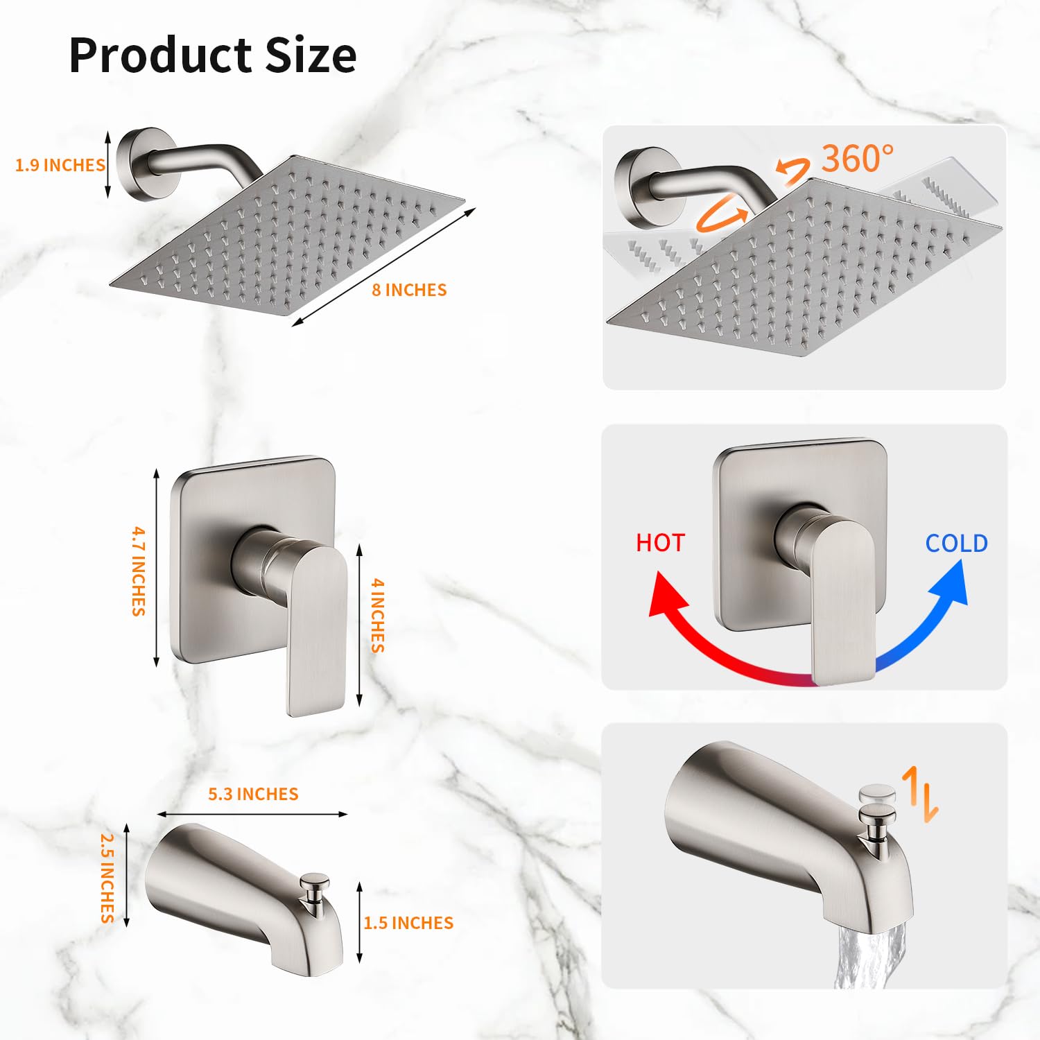Gold Brushed Tub Shower Faucet Set With 8" Shower Head & Spout