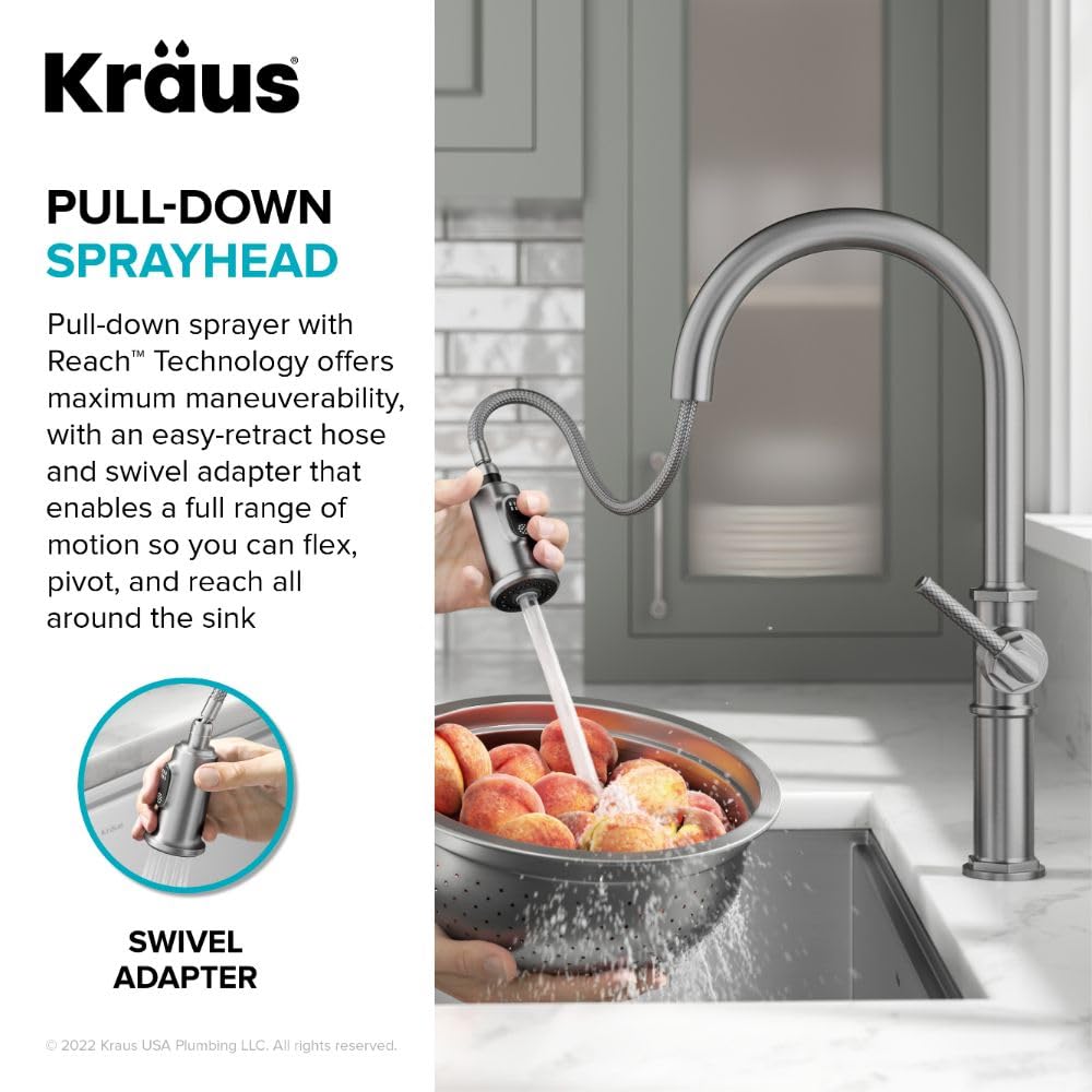 KRAUS Allyn Transitional Bridge Kitchen Faucet with Pull-Down Sprayhead in Brushed Gold, KPF-3121BG