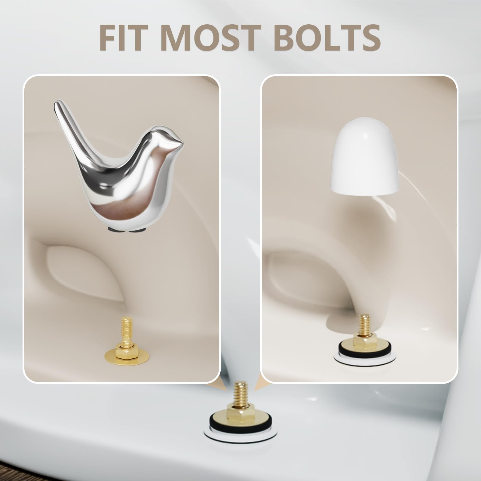 MENNTY Black Polar Bear Toilet Bolt Covers Decorative - 2 Glossy Black Ceramic Toilet Bolt Caps + 4 Universal Toilet Caps for Bottom of Toilet, Modern Monochrome Bathroom Decor