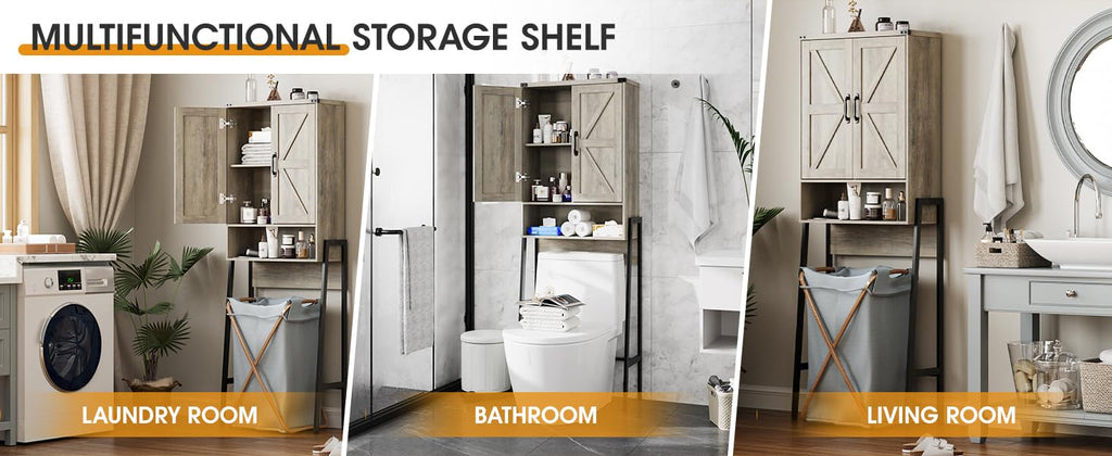 Vabches Over The Toilet Storage Cabinet with 2-Door Design Bathroom Organizers and Storage with Anti-Tip Device Over Toilet Organizer with Shelves for Bathroom,Restroom,Laundry Black