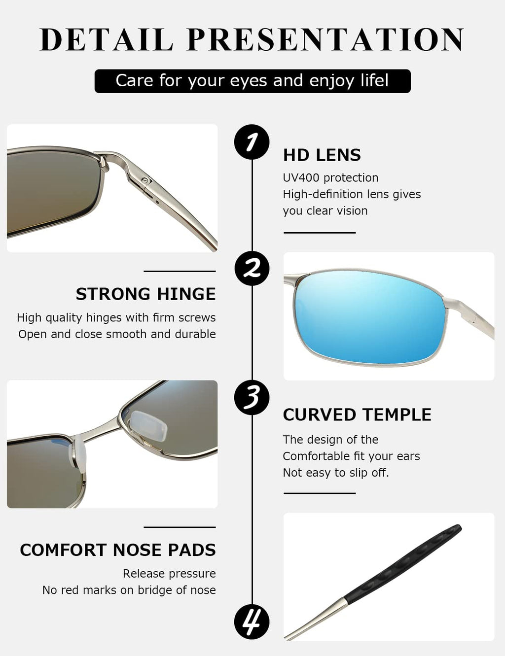 AEVOGUE Polarized Sunglasses For Men Rectangle Metal Frame Retro Sun Glasses AE0395