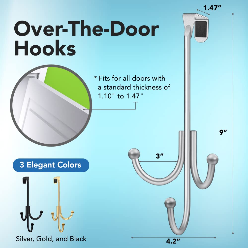 2-Pack Over The Door Hooks - with 2 Hang Heads & Snug Fit Pads Heavy Duty Hook for Hanging Coats, Towels, Caps & Robes - Elegant Matt Finish - No Drill Hanger Organizer - Black