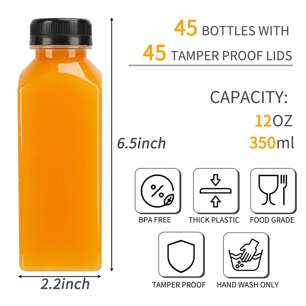 TOMNK 45pcs 2oz Plastic Shot Juice Bottles with Caps, Ginger Shot Bottles, Reusable Clear Bulk Beverage Containers for Ginger Shot, Juice, Milk, and Other Beverages