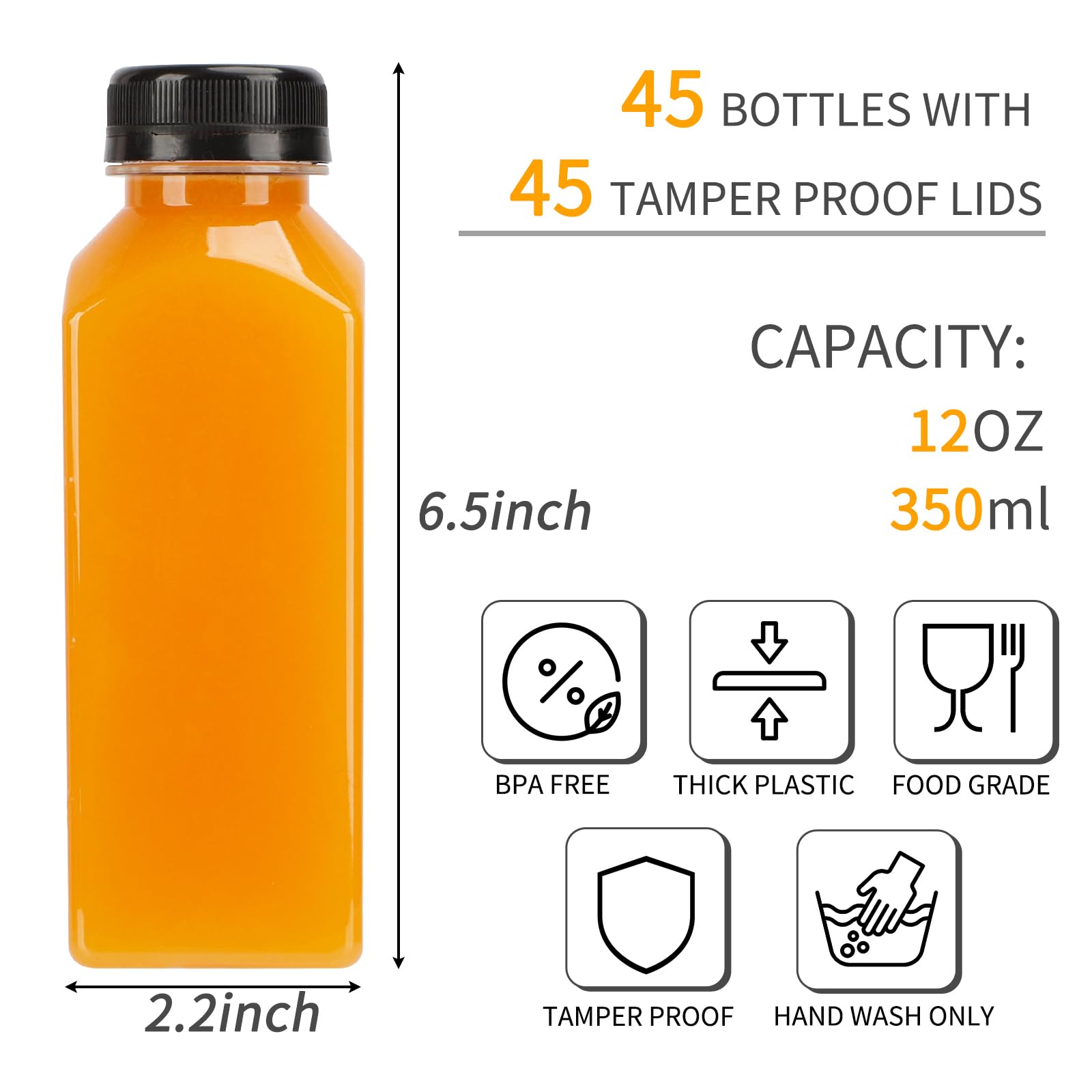 TOMNK 45pcs 2oz Plastic Shot Juice Bottles with Caps, Ginger Shot Bottles, Reusable Clear Bulk Beverage Containers for Ginger Shot, Juice, Milk, and Other Beverages