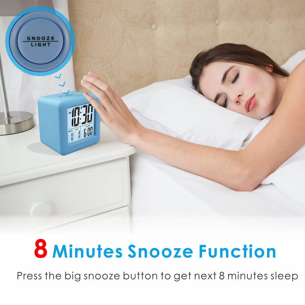 Plumeet Digital Alarm Clock Kids Clock with Snooze and White Nightlight - Easy Setting Travel Alarm Clocks Display Time, Date, Alarm - Ascending Sound - Battery Powered (Baby Blue)
