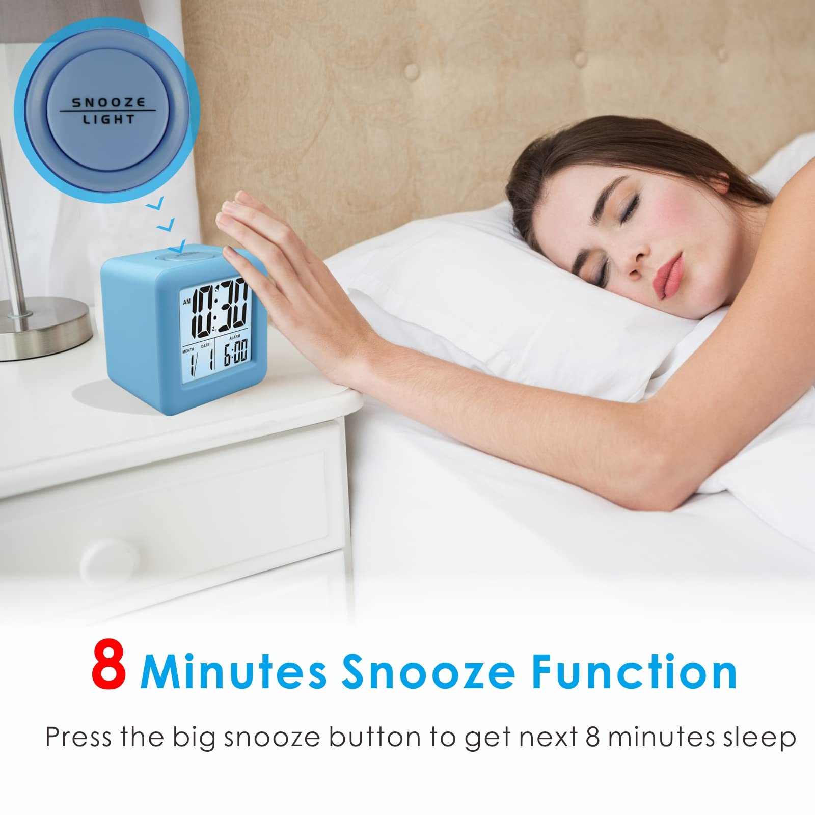 Plumeet Digital Alarm Clock Kids Clock with Snooze and White Nightlight - Easy Setting Travel Alarm Clocks Display Time, Date, Alarm - Ascending Sound - Battery Powered (Baby Blue)