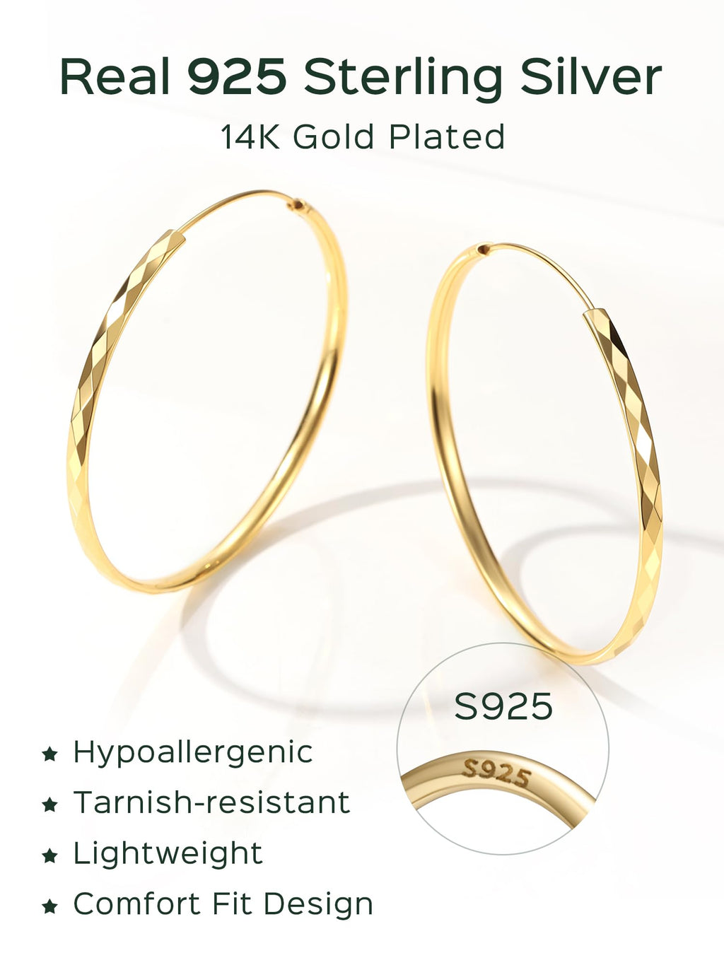ChicSilver 925 Sterling Silver Hoop Earrings for Women Hypoallergenic, Lightweight Large Gold Plated Silver Hoop Earrings, Endless Hoops Earring 20/30/40/50/60/70MM