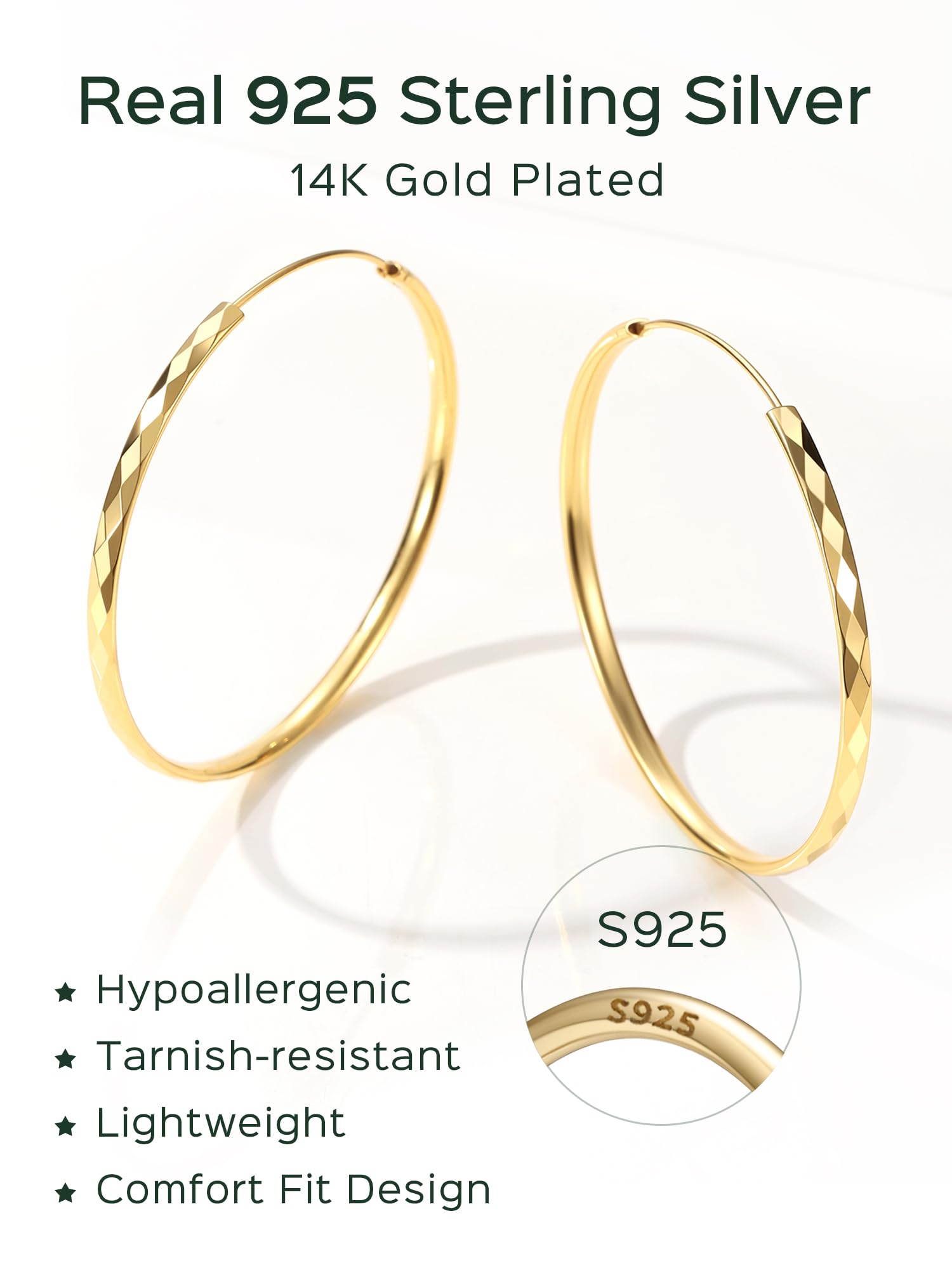 ChicSilver 925 Sterling Silver Hoop Earrings for Women Hypoallergenic, Lightweight Large Gold Plated Silver Hoop Earrings, Endless Hoops Earring 20/30/40/50/60/70MM