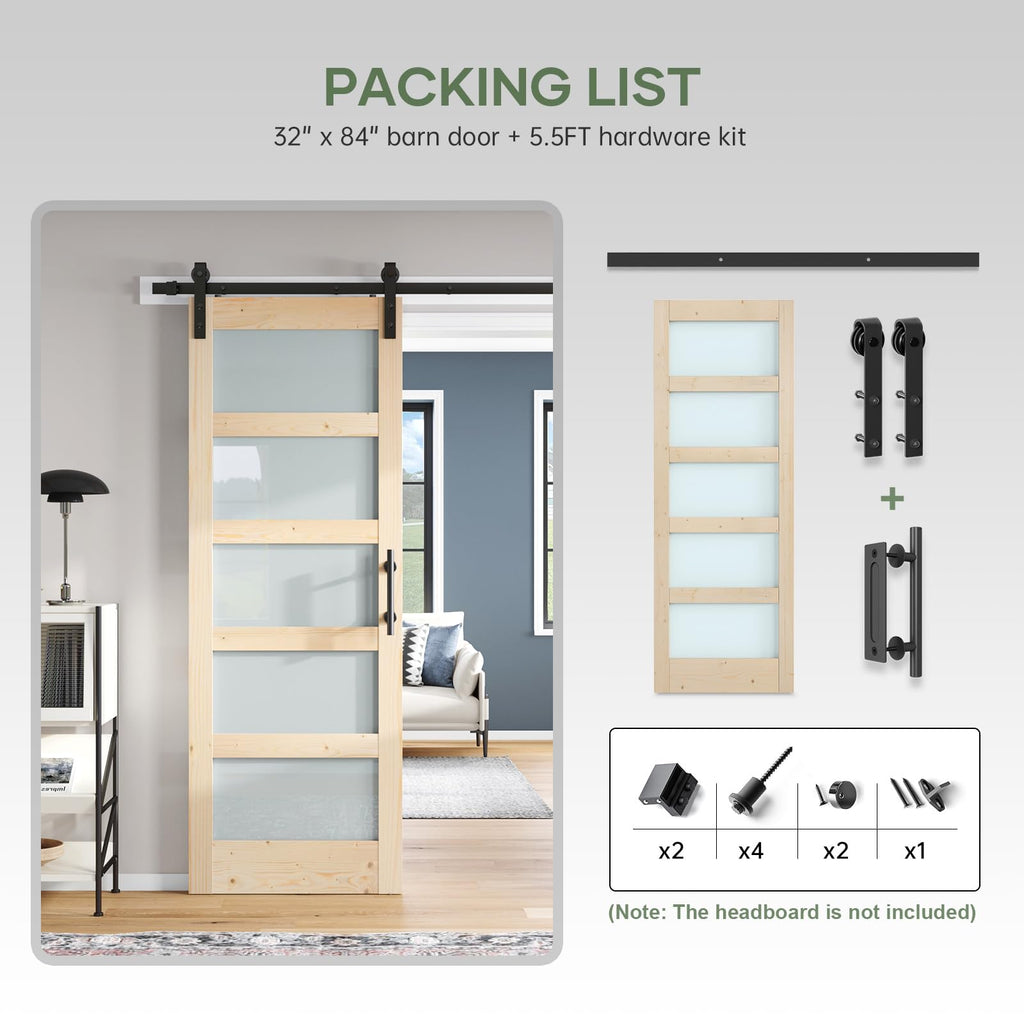 Double 18×84 inch Glass Sliding Barn Door Slab with 6.6ft Hardware Kit Included, 5-Panel Frosted Glass, Spruce Wood Support DIY Dyeing, Easy Assembly