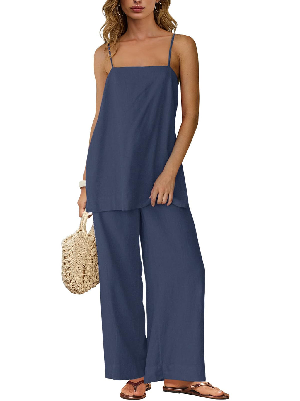 Dokuritu Linen Sets for Women 2 Piece Summer Spaghetti Strap Top Wide Leg Pant Set Beach Vacation Travel Outfits with Pockets