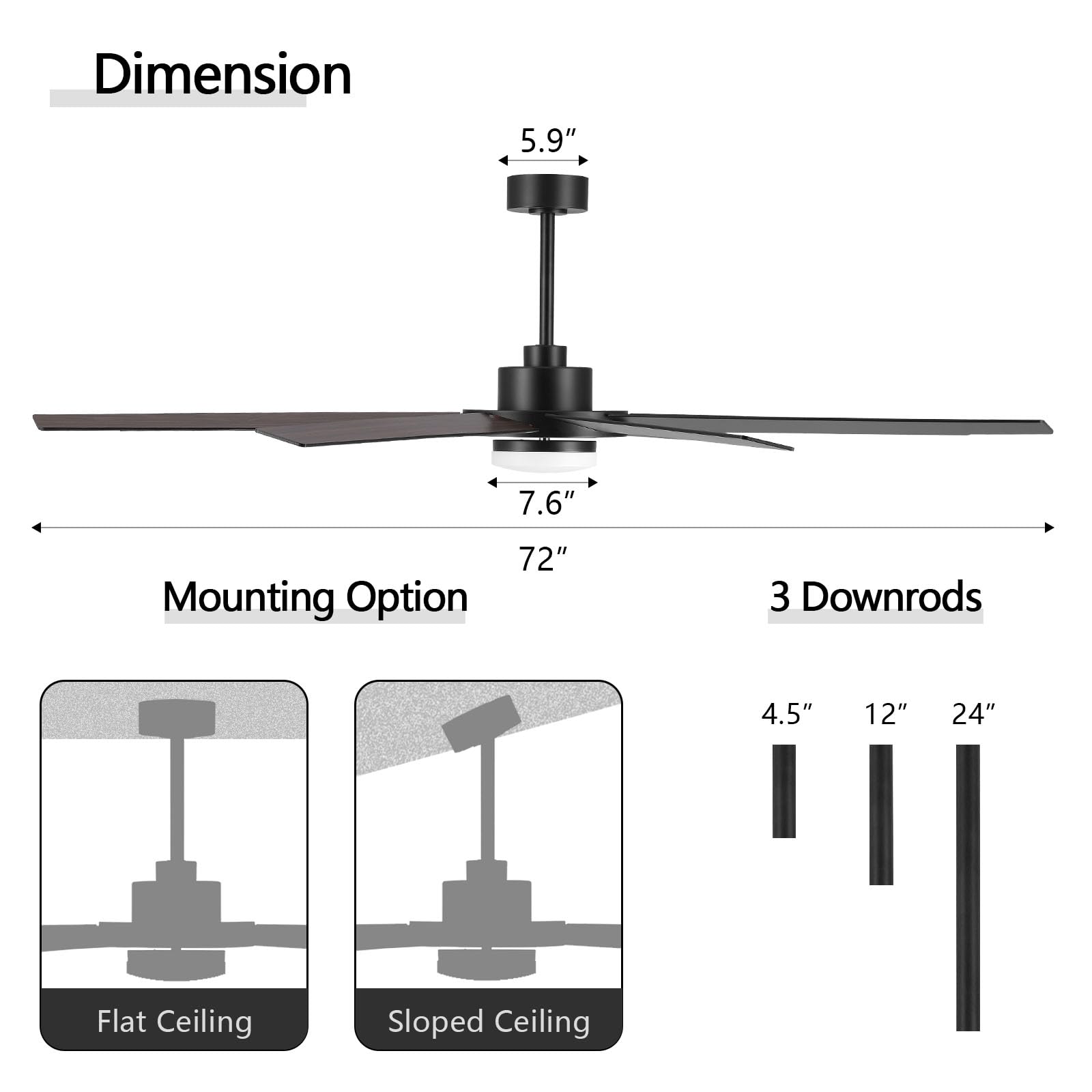 WINGBO 60" Ceiling Fan with Light and Remote Control, 6 Speed Reversible DC Motor, Dimmable LED Light, for Home and Commercial Use, Living Room/Shop/Warehouse Black/Walnut