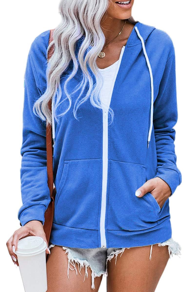 WROLEM Women Casual Full Zip Up Hoodie Comfy Loose Long Sleeve Sweatshirt Solid Color Jacket with Pockets
