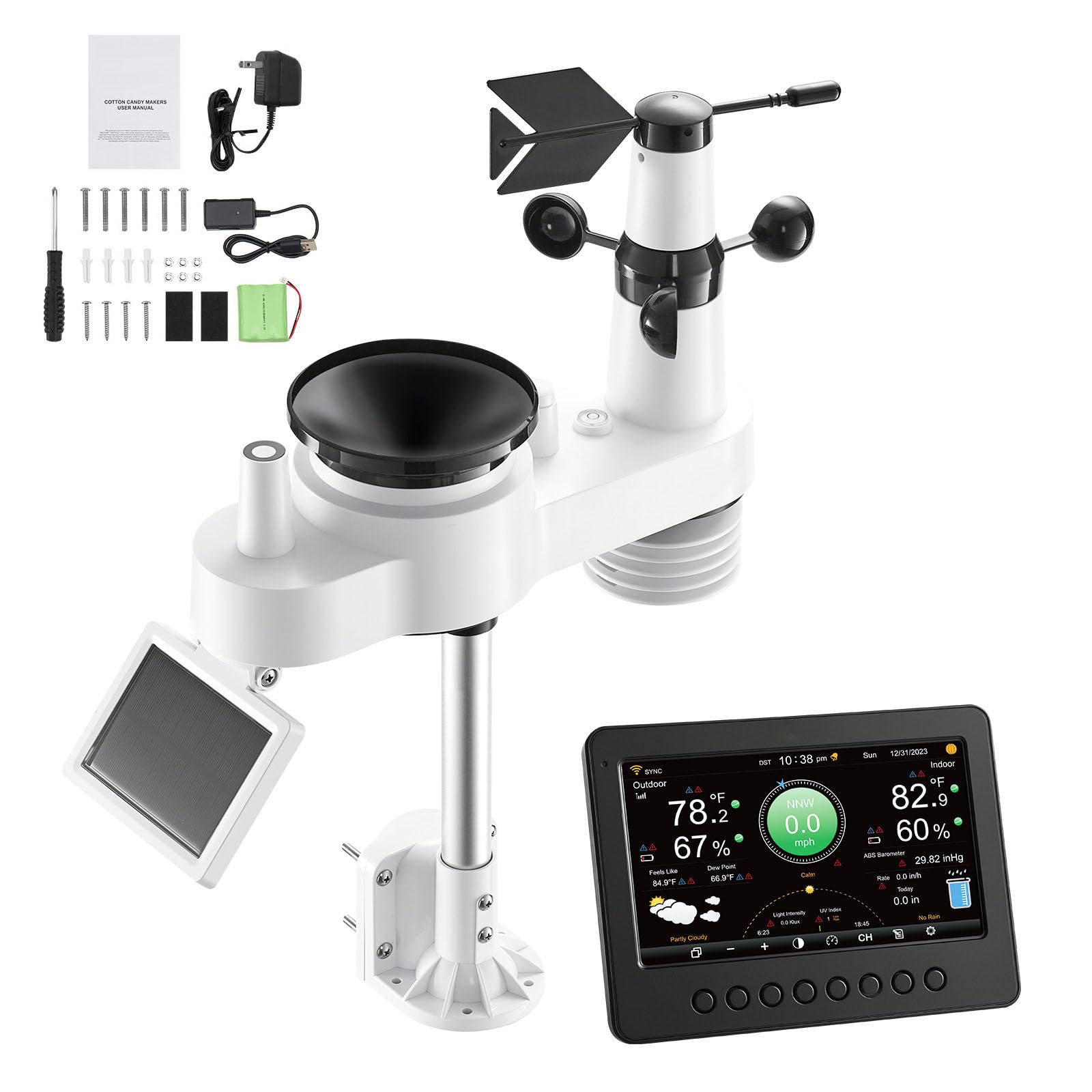 VEVOR 5-in-1 Wireless Weather Station, 7.5-Inch VA Display, Solar Powered Outdoor Sensor, Rain Gauge, Indoor Outdoor for Weather Forecast, Temperature, Humidity, Wind Speed and Direction (No WiFi)