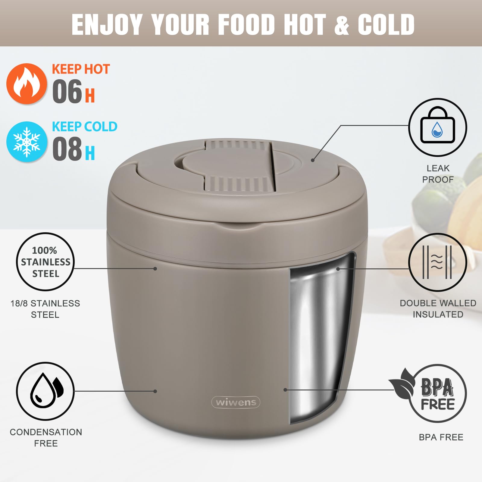 wiwens Thermo Food Jar for Hot Food Adults 32OZ Soup Thermo Lunch Containers Wide Mouth Vacuum Insulated Stainless Steel Leakproof Bento Box with Spoon (Beige)
