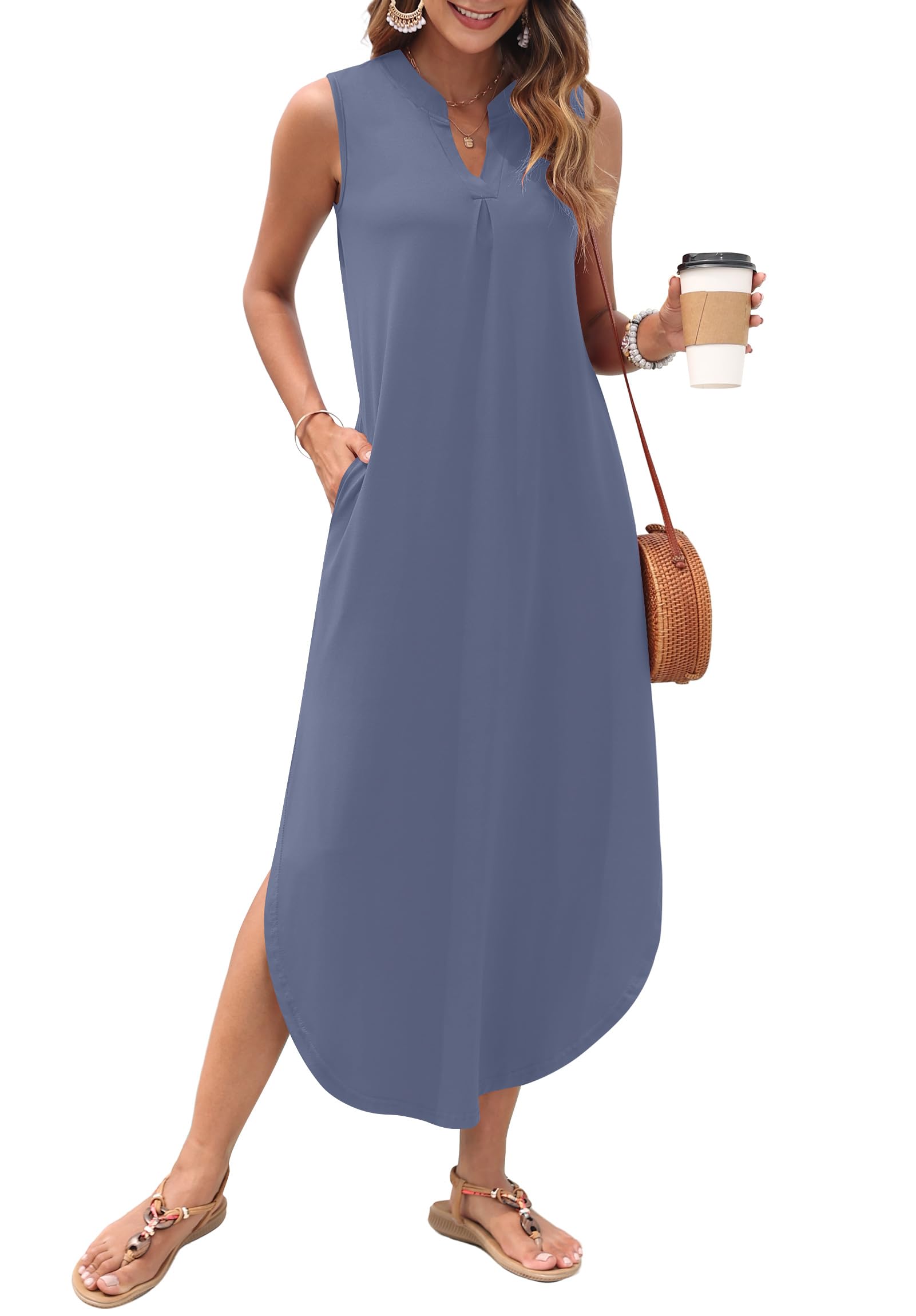 AUSELILY Womens Summer Casual Maxi Dresses 2026 Sleeveless Long Beach Dresses V Neck Loose Sundresses with Side Split Pockets