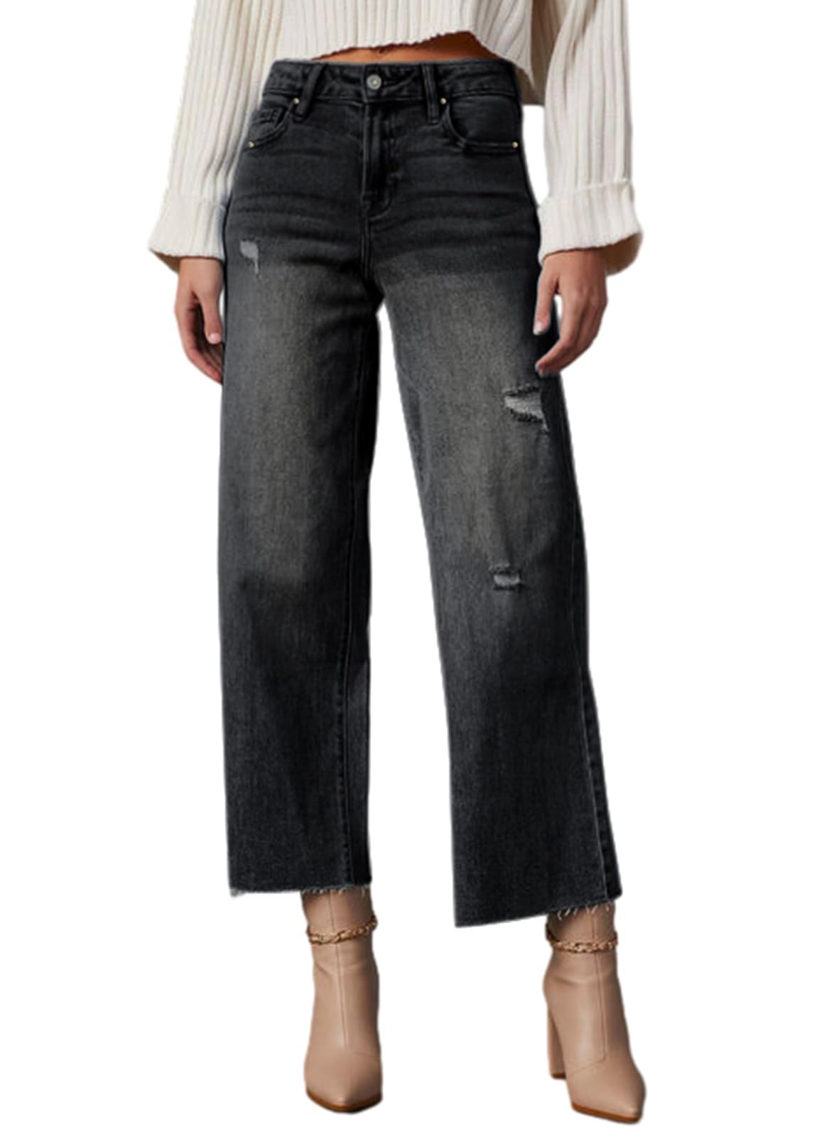 Allimy Women's High Waisted Straight Ankle Wide Leg Ripped Jeans Frayed Hem Stretchy Capri Denim Pants