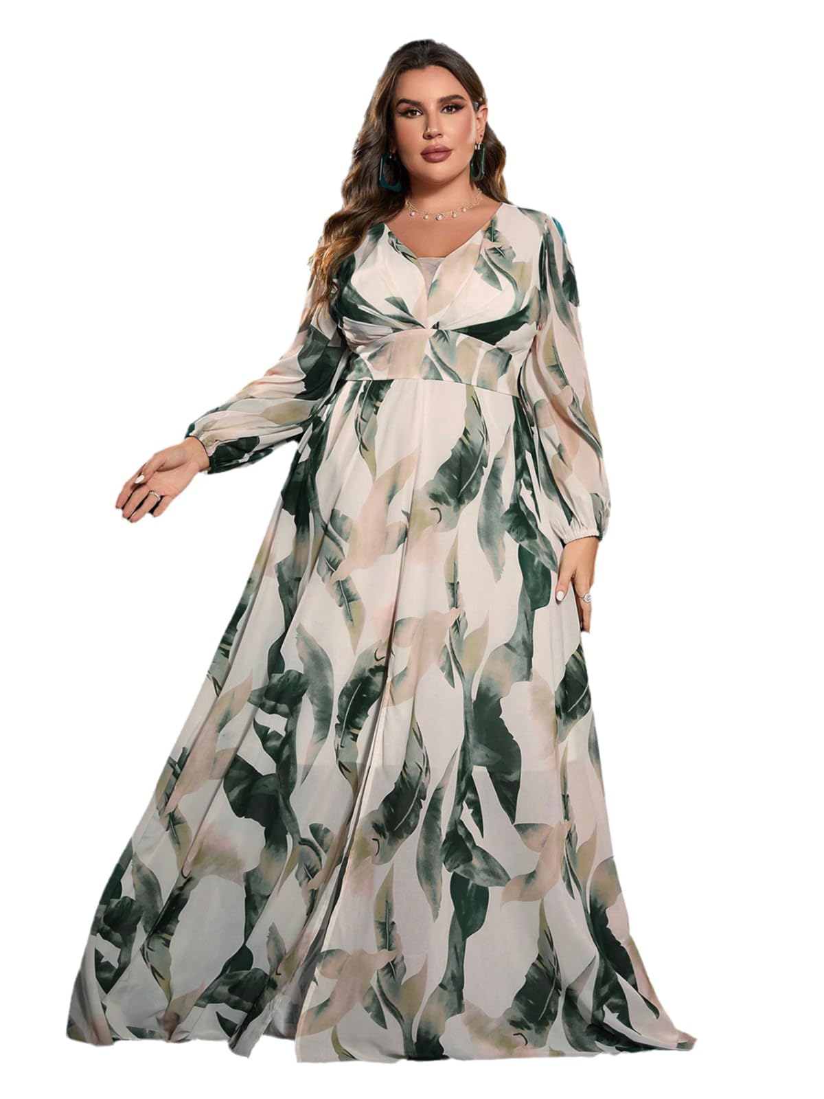 Spring Summer 2024 Plus Size Womens Dresses V Neck Casual Elegant Long Sleeve Floral Print Maxi Dress