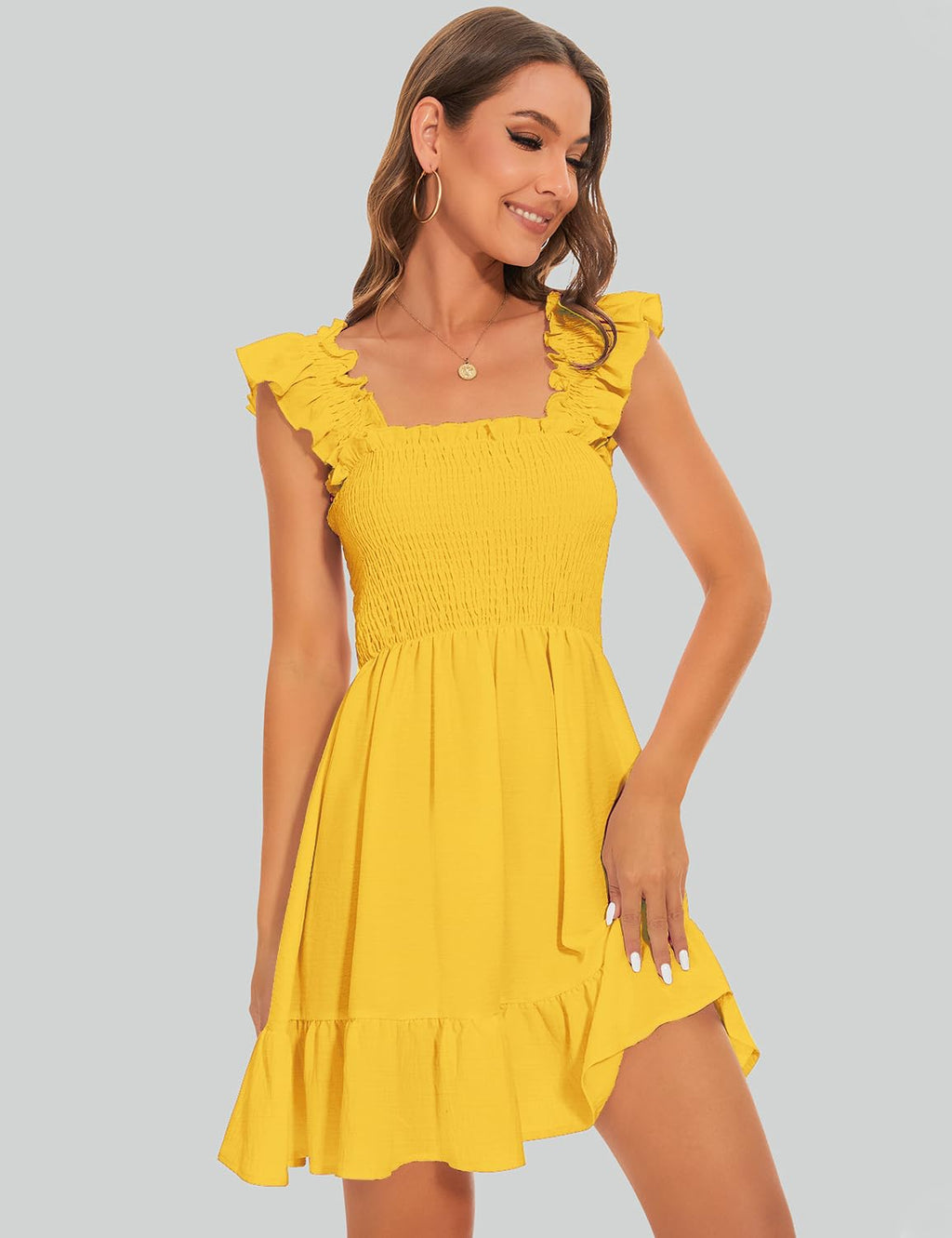 ROYLAMP Women's Smocked Dresses Square Neck Elegant Tiered Boho Ruffle Shoulder Swing Flowy Summer Casual Mini Dress