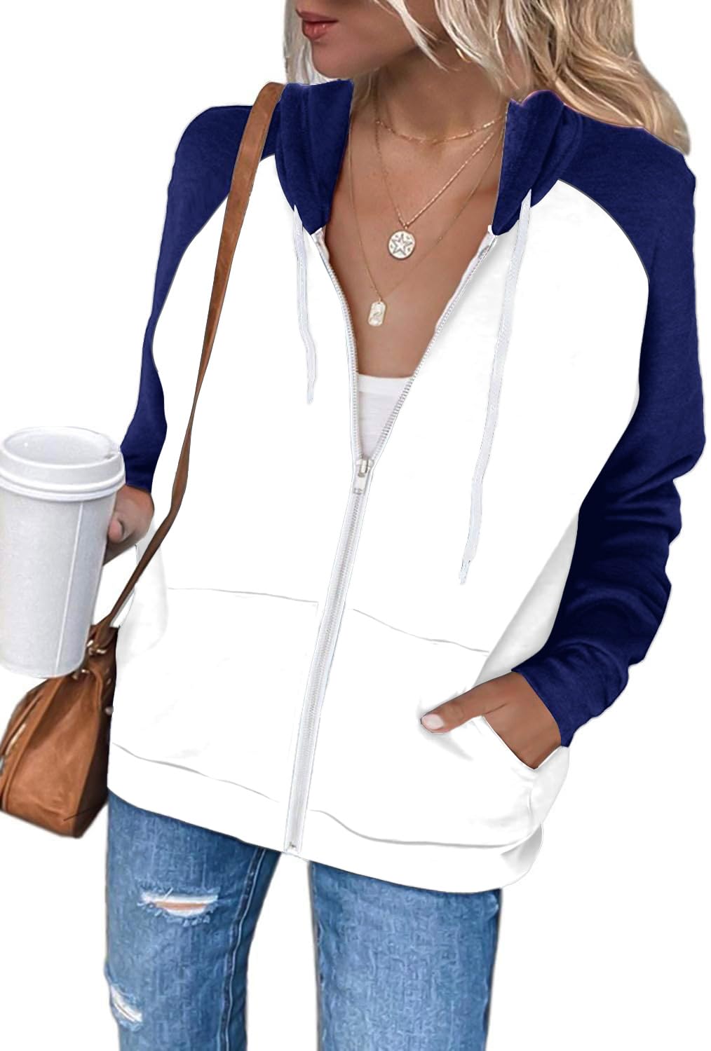 EZBELLE Women's Color Block Zip Up Hoodie Sweatshirt Casual Long Sleeve Jacket Sweater with Pockets