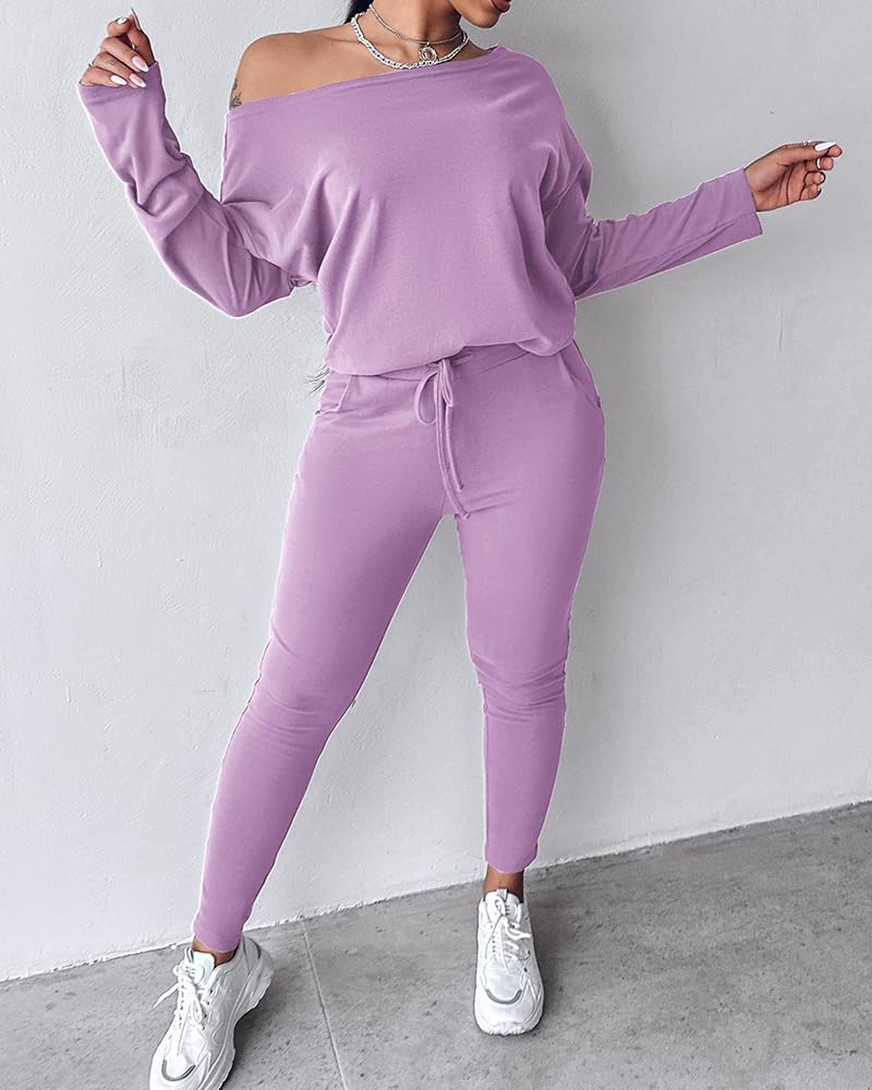 CHICME Women Tracksuit Fall 2 piece Outfits Off The Shoulder Long Sleeve Tops and Pants Set Travel Outfits